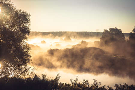 Misty rural landscape during golden hour at river bank in the early morningの写真素材