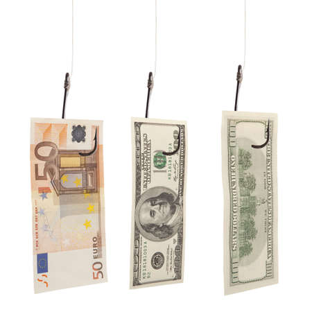 Hundred dollars fifty euro on fishing hook の写真素材