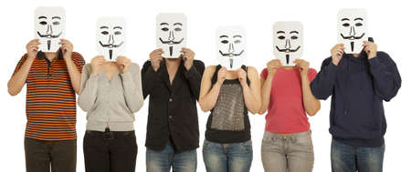 Group people with the painted mask on the sheet of paper over his face isolated on white のeditorial素材