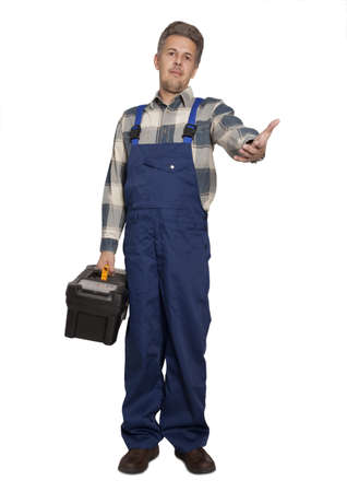 Portrait of an happy worker isolated on whiteの写真素材