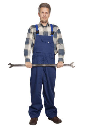 Portrait of an happy worker isolated on whiteの写真素材