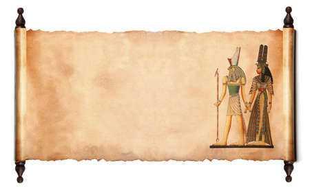 Scroll with Egyptian gods images - Pharaoh and Horus.  isolated over a white background の写真素材