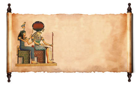 Scroll with Egyptian gods images - Pharaoh and Horus. Object over white の写真素材