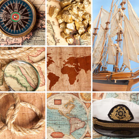 Marine collage with old compasses and maps 