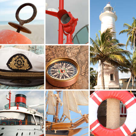 Marine collage with old compasses and maps の写真素材