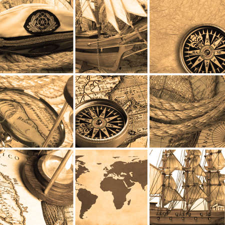 Marine collage with old compasses and maps. Sepia colorの写真素材