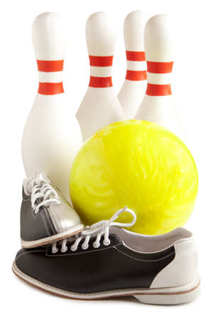 Ball, bowling shoes and bowling on a white backgroundの写真素材
