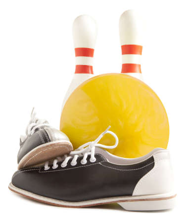 Ball, bowling shoes and bowling pin on a white backgroundの写真素材