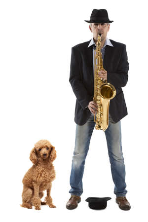 Man playing on saxophone  and red  poodle on a white background の写真素材
