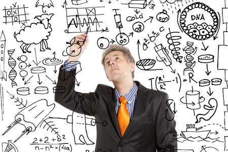 Crazy inventor. Photo compilation and hand-drawing elements combinedの写真素材