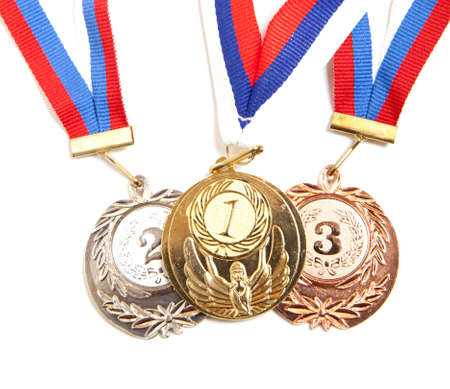 Metal medal with tricolor ribbon isolated on white background の写真素材
