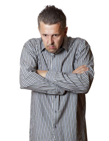 Portrait of adult angry man isolated on white background の写真素材