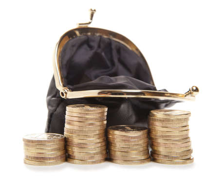 Purse and coins isolated on white background の写真素材