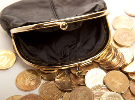 Leather purse and gold coins の写真素材