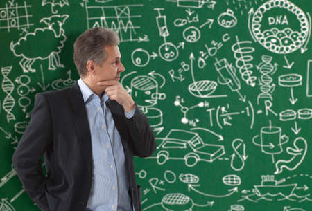 Crazy inventor. Photo compilation, photo and hand-drawing elements combinedの写真素材