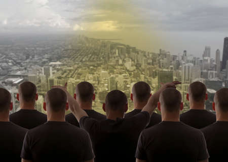 Group cloning man over night city skyの写真素材