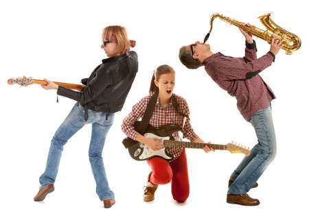 Duo woman guitar saxophone and man with saxophone and saxophone on a white backgroundの写真素材
