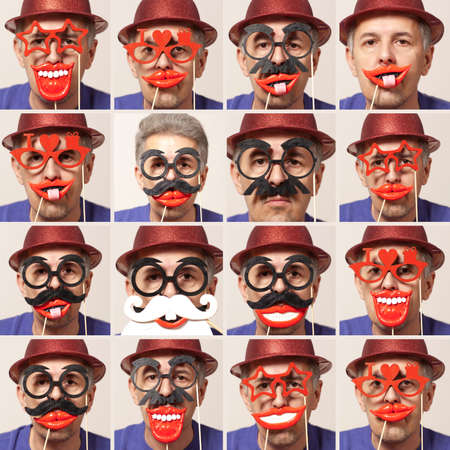 Set. Cheerful man in a mask and a red hatの写真素材