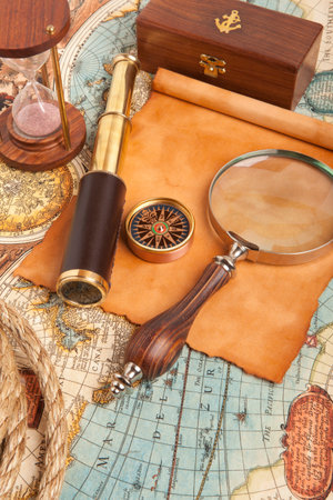 Vintage brass telescope on old antique map