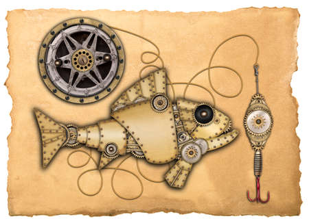 Steampunk style. Industrial mechanical fish isolated on white background. Photo compilationの写真素材