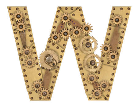 Steampunk mechanical metal alphabet letter W. Photo compilationの写真素材