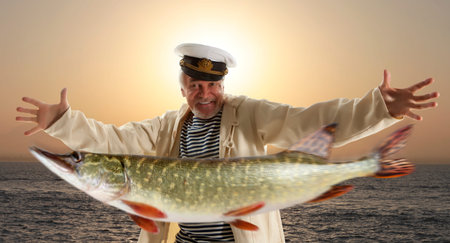 Joyful fisherman with big fishの写真素材