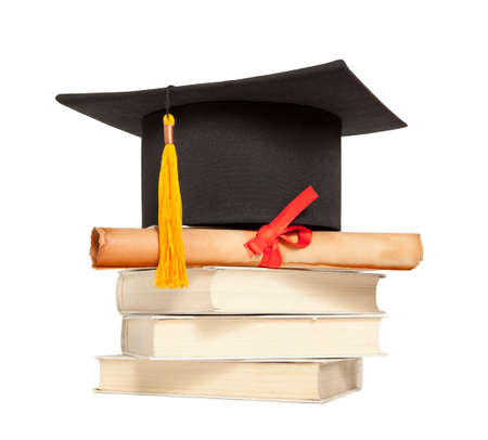 Graduation hat, book and diploma isolated on whiteの写真素材