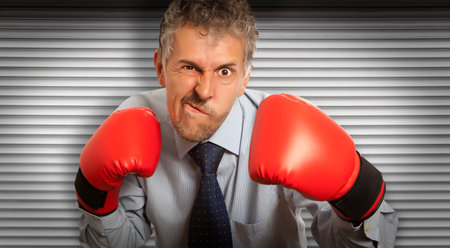 Businessman in red boxing gloves on backgroundの写真素材