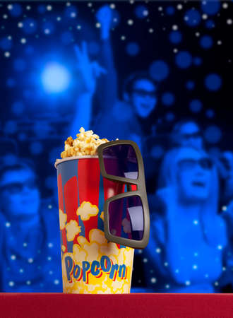 3d glasses and popcorn on red armchair cinema. Blockbuster conceptの写真素材