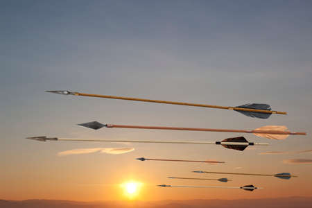 Flying antique old wooden arrows. The army of Genghis Khan Flying antique old wooden arrows. The army of Genghis Khan