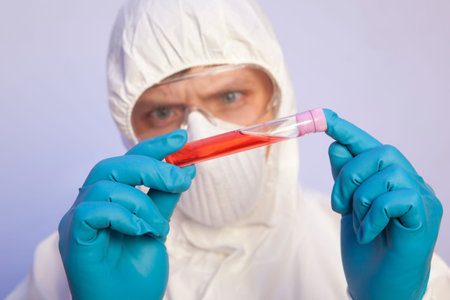 Scientist holds test tube with blood infected. Virus concept