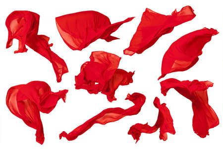 Set flying red fabric - high speed studio shot, art object, design elementの写真素材
