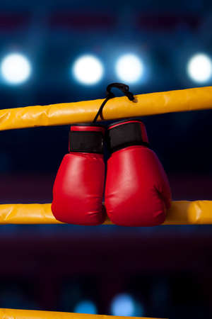 Pair of red boxing gloves hangs off the boxing ringの写真素材