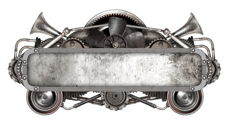 Metal frame and old auto spare parts car isolated white backgroundの写真素材