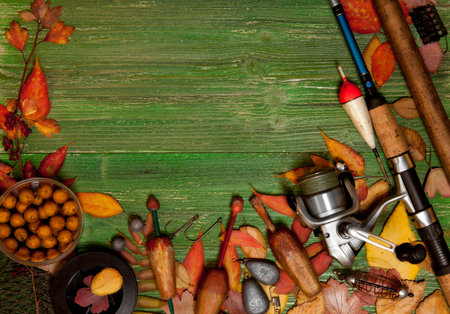 Fishing tackle on vintage wooden backgroundの写真素材