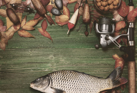 Fishing tackle on vintage wooden background. Toned image