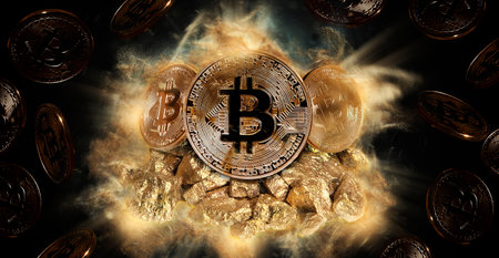 Bitcoin coin and mound of gold nuggets. Bitcoin cryptocurrency