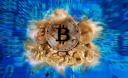 Bitcoin coin and mound of gold nuggets. Bitcoin cryptocurrencyの写真素材