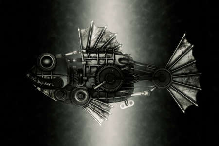 Steampunk style piranha. Mechanical animal photo compilationの写真素材