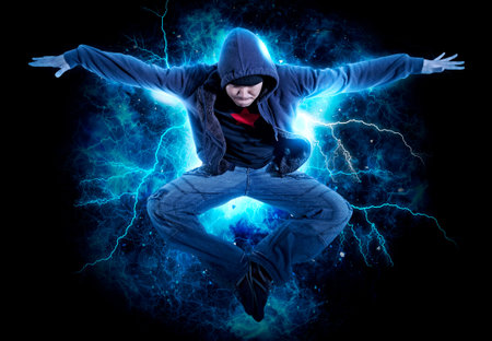 Young man break dancing on electricity light background