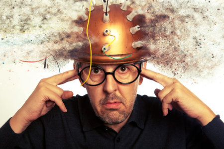 Man crazy inventor wearing a helmet brain research. Brainstorm