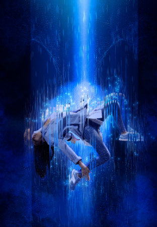 Teleportation to another world or dimension, scientific experiment. Future concept