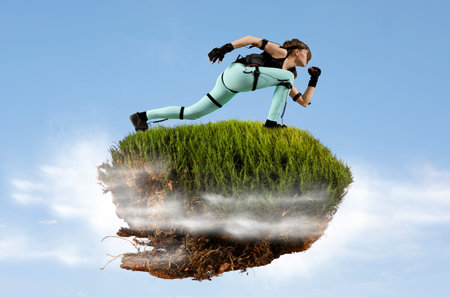 Flying island. Motion caption virtual reality. Futuristic concept