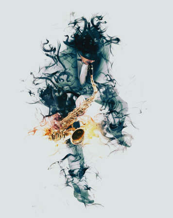 Man playing on saxophone isolated on smoke backgroundの写真素材