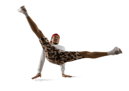 Man break dancing isolated on white backgroundの写真素材