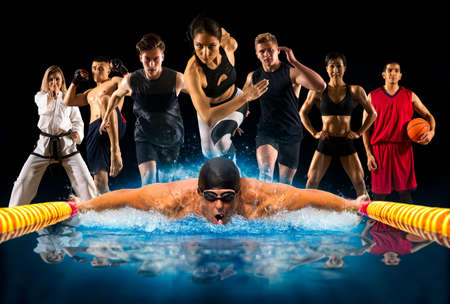 Sport collage. Swimming, running, fitness, bodybuilding, tennis, fighter and basketball players. Mixed image. の写真素材