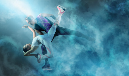 Duo figure skating in action on smoke background. Sports banner. Horizontal copy space background