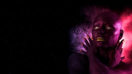Black woman skin. Beauty fashion model girl with black make-up. Metallic glance fashion art portraitの写真素材