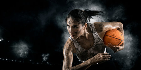 Handsome woman rugby player holds ball. Sports banner. Horizontal copy space backgroundの写真素材