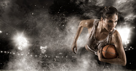 Handsome woman rugby player holds ball. Sports banner. Horizontal copy space backgroundの写真素材